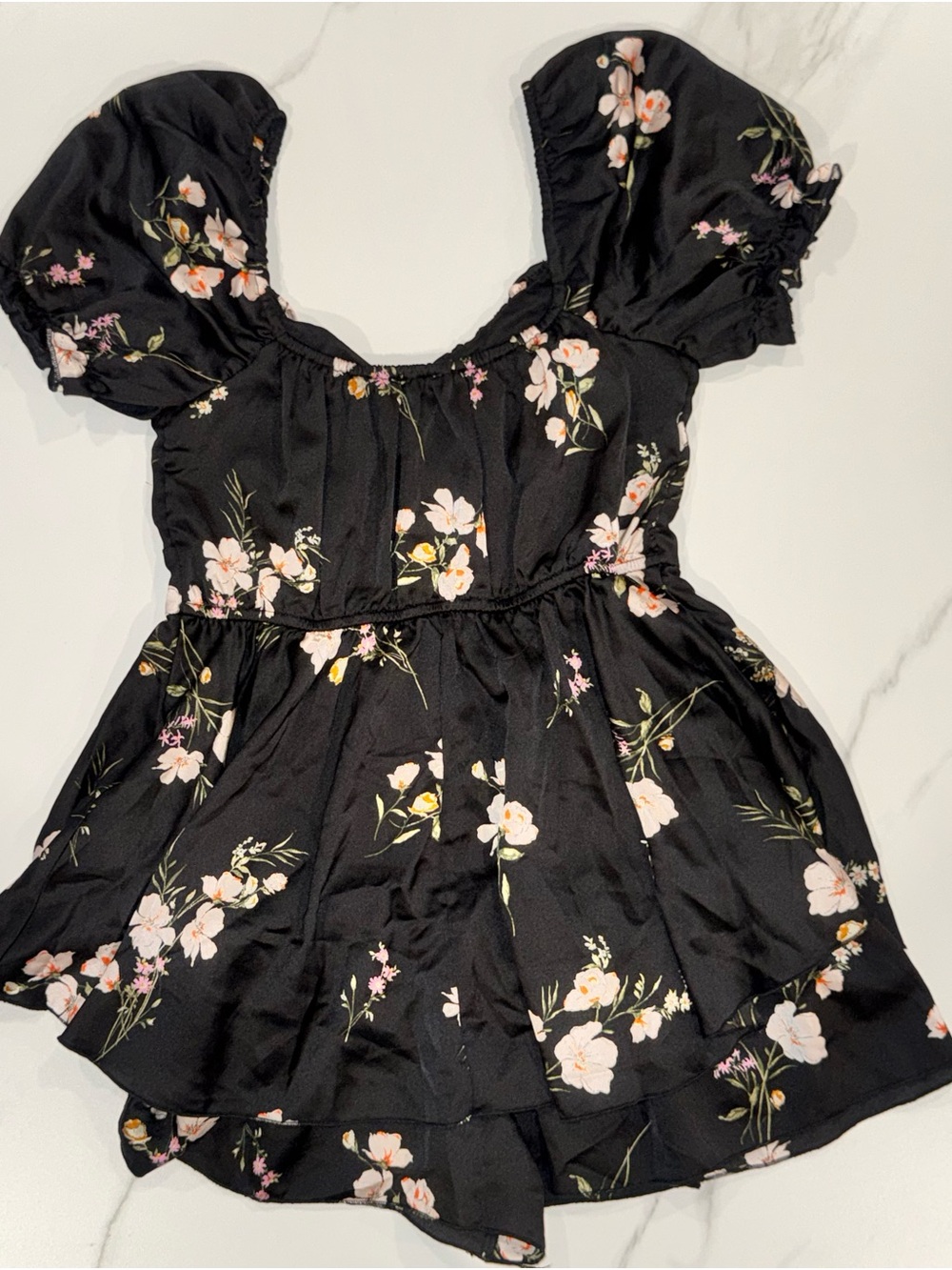 Inspired Hearts Black Floral Puff-Sleeve Romper